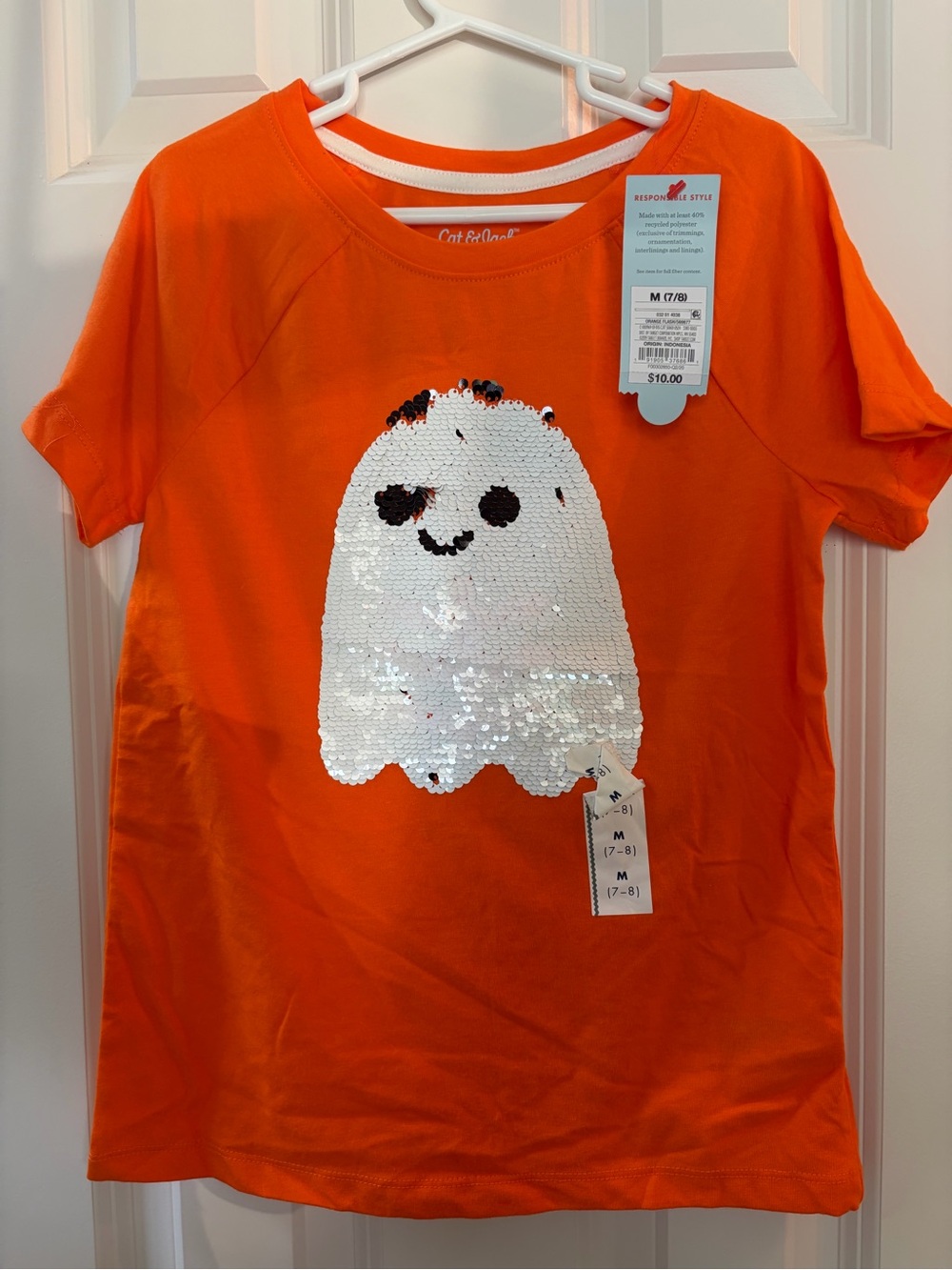 NWT Cat & Jack Orange Short Sleeve Tee with White Reversible Sequin Ghost